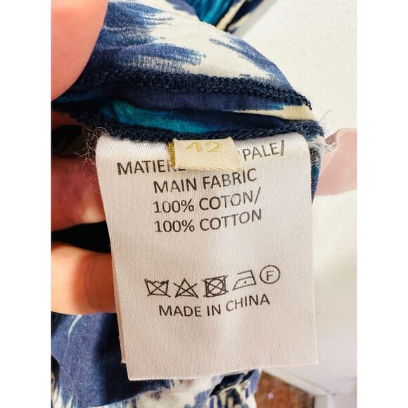 VANESSA BRUNO Blue Printed 100% Cotton V-Neck Belted Amarillo Dress Size 42 - Picture 5 of 12